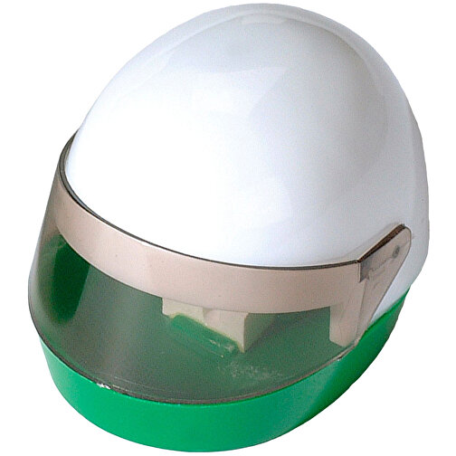 Bleistiftspitzer 'Helm' , weiß/grün, Kunststoff, 5,80cm x 4,60cm x 4,00cm (Länge x Höhe x Breite), Bild 1