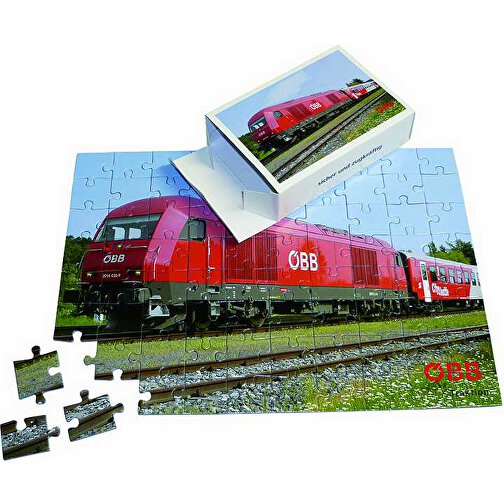 Puzzle DIN A4  In Faltschachtel , 1,5 mm blaue Puzzlepappe einseitig kaschiert mit 150 g/qm Offsetpapier (glatt), 13,00cm x 3,50cm x 9,00cm (Länge x Höhe x Breite), Bild 1