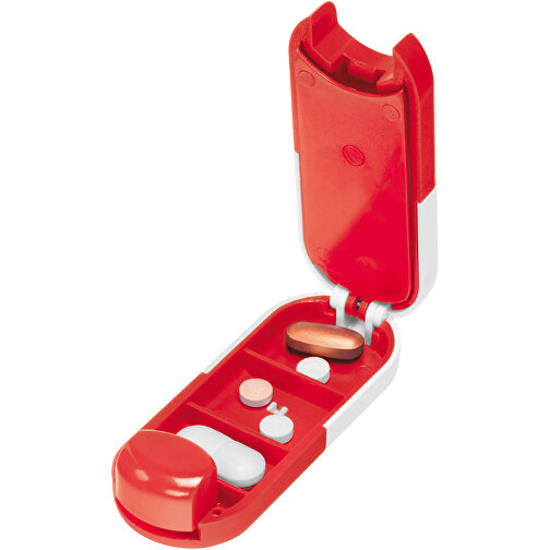 Pillendose Tablettenform , weiß, rot, ABS+MET, 8,50cm x 1,90cm x 3,20cm (Länge x Höhe x Breite), Bild 2