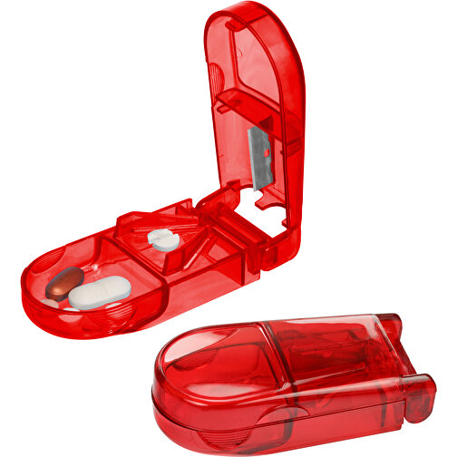 Pillendose 'Lambda' , rot-transparent, PS+MET, 8,80cm x 2,60cm x 4,20cm (Länge x Höhe x Breite), Bild 1