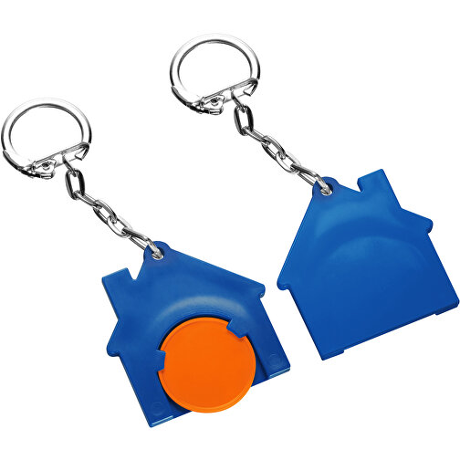 Chiphalter Mit 1€-Chip 'Haus' , orange, blau, ABS+MET, 4,40cm x 0,40cm x 4,10cm (Länge x Höhe x Breite), Bild 1