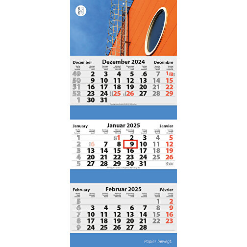 3-Monats Faltkalender 'Tres-Deluxe' , weiß, Rückwand: 290 g/m² Chromokarton, Kalenderblätter: 70 g/m² holzfrei weiß, chlorfrei gebleicht, 78,70cm x 34,00cm (Höhe x Breite), Bild 1