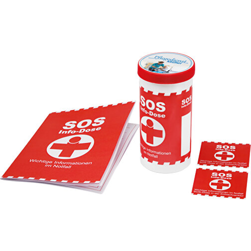 SOS-Info-Dose Mit Standardbanderole Und Deckaufkleber , weiss, rot, PP+PAP, 11,00cm (Höhe), Bild 2