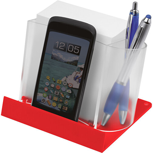 Smartphone-/Tabletständer Mit Zettelbox , gefrostet glasklar, rot, PS+PAP, 12,50cm x 9,00cm x 10,50cm (Länge x Höhe x Breite), Bild 1