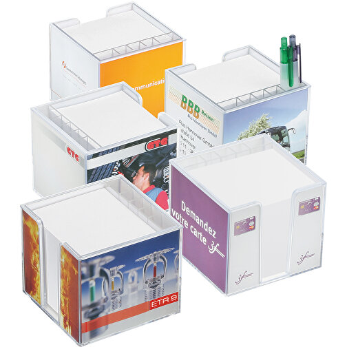 Zettelbox 'Sigma', Doppelwandig Mit Köcher , glasklar, PS+PAP, 10,50cm x 9,00cm x 10,50cm (Länge x Höhe x Breite), Bild 2
