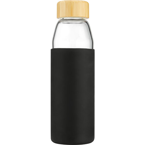 Hitzebeständige Glas-Trinkflasche 0,5 L Mit Bambusdeckel, Silikonmanschette Und Geschenkbox , schwarz, Glas, Silikon, Bambus, 22,50cm (Höhe), Bild 1