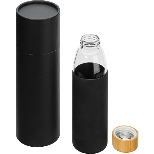 Hitzebeständige Glas-Trinkflasche 0,5 L Mit Bambusdeckel, Silikonmanschette Und Geschenkbox , schwarz, Glas, Silikon, Bambus, 22,50cm (Höhe), Bild 3