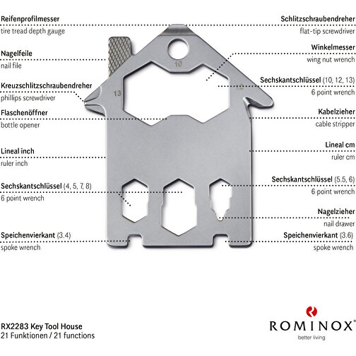 ROMINOX® Key Tool House / Haus (21 Funktionen) , Edelstahl, 7,00cm x 0,23cm x 3,20cm (Länge x Höhe x Breite), Bild 9