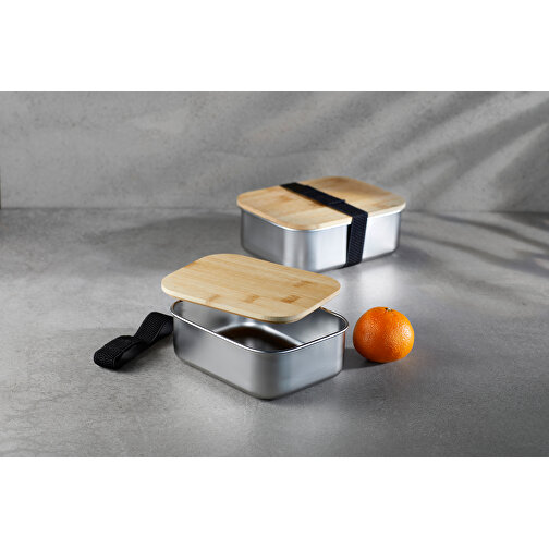 Lunchbox 1350 Ml Aus Edelstahl Mit Bambus-Deckel , silber, Edelstahl S304, Bambusfaser, 16,70cm x 6,20cm x 12,80cm (Länge x Höhe x Breite), Bild 3
