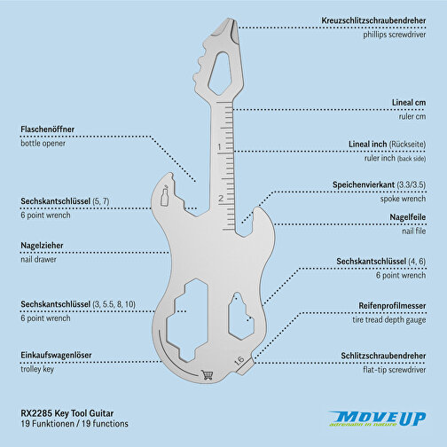 ROMINOX® Key Tool Guitar / Gitarre (19 Funktionen) (Einzelhandel) , Edelstahl, 7,00cm x 0,23cm x 3,20cm (Länge x Höhe x Breite), Bild 10