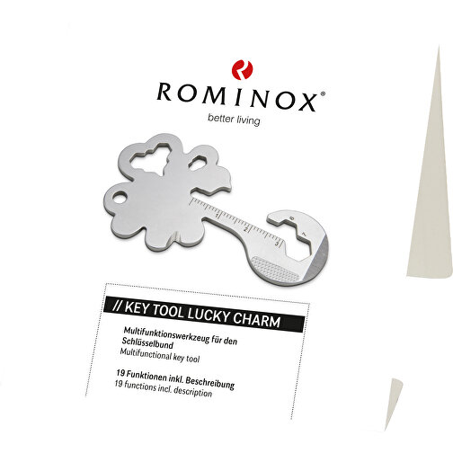 ROMINOX® Key Tool // Lucky Charm - 19 Functions (Kleeblatt Glücksbringer) , Edelstahl, 7,00cm x 0,20cm x 4,00cm (Länge x Höhe x Breite), Bild 4