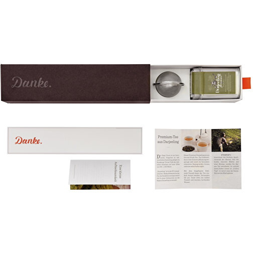 Dankebox 'Premium-Tee Aus Darjeeling' , braun, Papier, Pappe, Satin, 21,50cm x 5,50cm x 5,50cm (Länge x Höhe x Breite), Bild 2