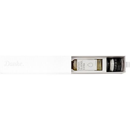 Dankebox 'Mediterrane Köstlichkeiten' - Weiß , weiß, Papier, Pappe, Satin, 21,50cm x 5,50cm x 5,50cm (Länge x Höhe x Breite), Bild 1