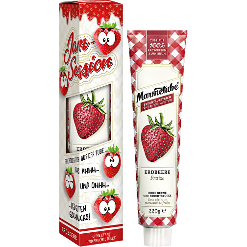Marmetube Werbeverpackung Fruchtaufstrich Erdbeere , Werbeverpackung aus weißem Karton, 4,40cm x 22,15cm x 4,50cm (Länge x Höhe x Breite), Bild 1