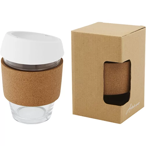 Gobelet Lidan de 360 ml en verre borosilicate avec grip en liège et couvercle en silicone, Image 1