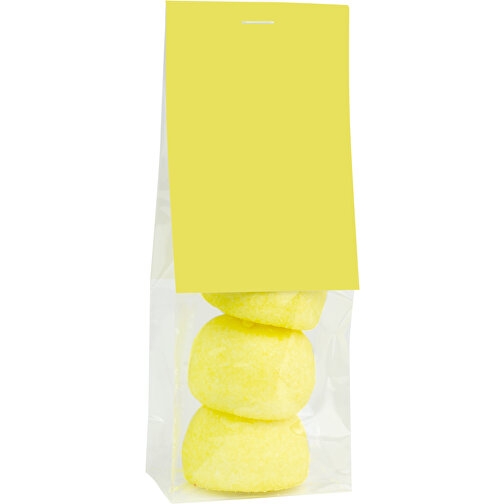 Naschbeutel Gelbe Speckbälle , Folientüte mit Kartonagenreiterr, 3,50cm x 14,50cm x 5,50cm (Länge x Höhe x Breite), Bild 1