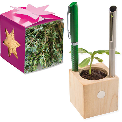 Pot cube boisde bureau en boite star-box avec graines - Thym, Image 1