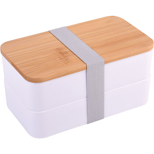Lunchbox DOUBLE LEVEL , weiss, Kunststoff / Bambus / Polyester, 18,00cm x 9,00cm x 10,00cm (Länge x Höhe x Breite), Bild 1