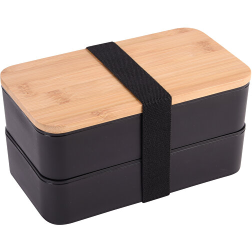 Lunchbox DOUBLE LEVEL , schwarz, Kunststoff / Bambus / Polyester, 18,00cm x 9,00cm x 10,00cm (Länge x Höhe x Breite), Bild 1