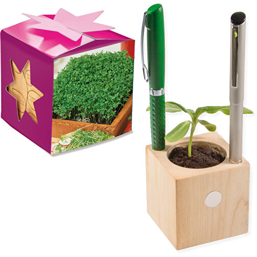 Pot cube boisde bureau en boite star-box avec graines - Cresson de jardin, 2 sites gravés au laser, Image 1