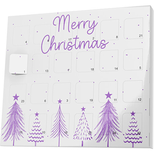 XS Adventskalender Merry Christmas Tanne , M&M\'s, weiß / lavendellila, Vollkartonhülle, weiß, 1,60cm x 12,00cm x 14,00cm (Länge x Höhe x Breite), Bild 1