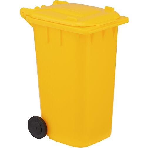 Stiftehalter Mülltonne - Recycelt , Green&Good, gelb, recycelter Kunststoff, 7,30cm x 12,00cm x 7,30cm (Länge x Höhe x Breite), Bild 1