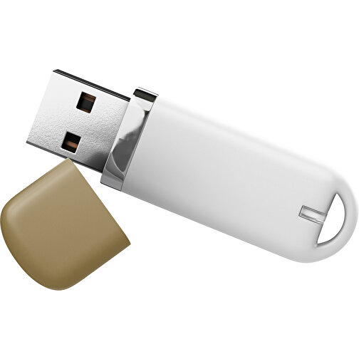 USB-Stick StylishDrive 2.0 , weiß / gold MB , 65 GB , Gummiplastik, Kunststoff MB , 6,20cm x 0,75cm x 2,00cm (Länge x Höhe x Breite), Bild 1