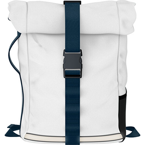 Rolltop Rucksack Comfort , weiß / navyblau, Sublimation-fabric 200g - Polyester (PU), 29,50cm x 13,00cm x 33,00cm (Länge x Höhe x Breite), Bild 1