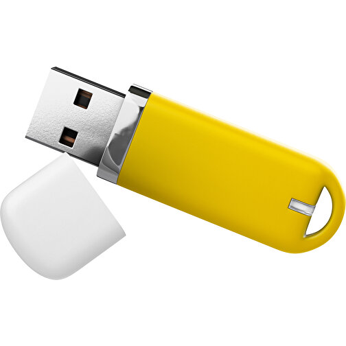 USB-Stick StylishDrive 2.0 , goldgelb / weiß MB , 1 GB , Gummiplastik, Kunststoff MB , 6,20cm x 0,75cm x 2,00cm (Länge x Höhe x Breite), Bild 1