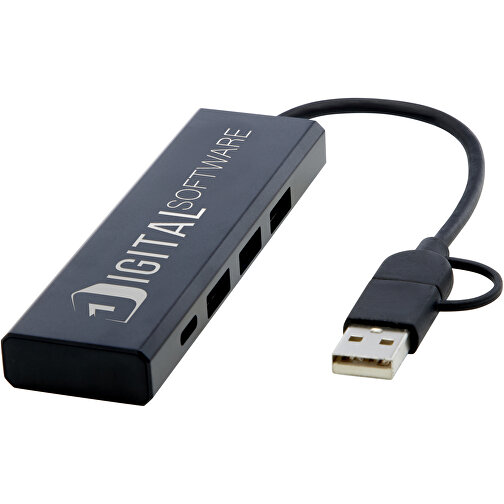 Rise USB 2.0 Hub Aus Recyceltem RCS Aluminium , schwarz, Recycled Aluminium, 10,00cm x 1,20cm x 3,00cm (Länge x Höhe x Breite), Bild 2