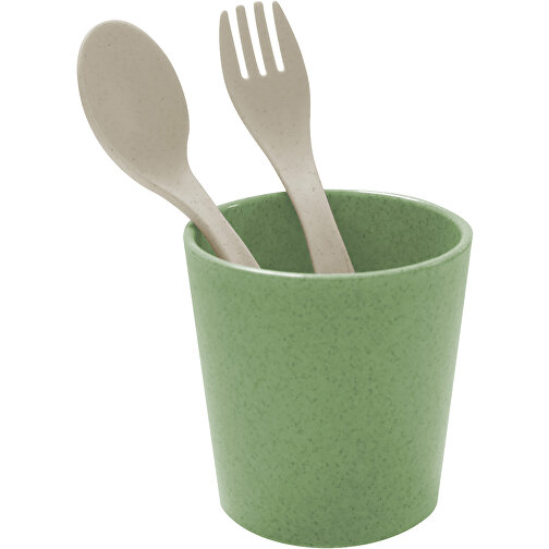 EASY EATER SET  Becher+Besteckset 2-teilig , Koziol, nature desert sand/nature leaf green, ORGANIC BIO-CIRCULAR, 7,20cm x 7,40cm x 7,20cm (Länge x Höhe x Breite), Bild 1