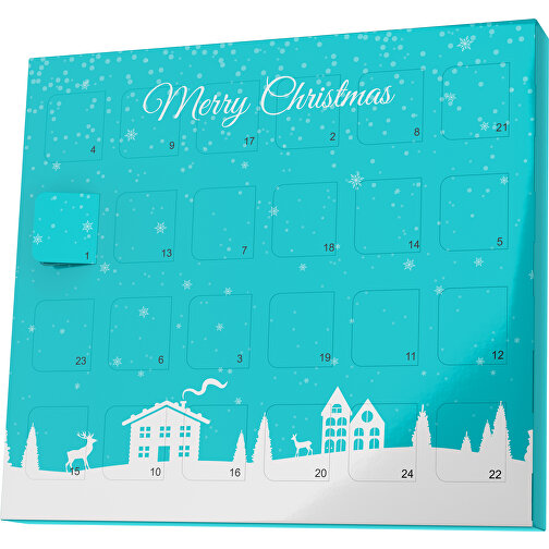 XS Adventskalender Weihnachtsdorf , Brandt, türkis / weiß, Vollkartonhülle, weiß, 1,60cm x 12,00cm x 14,00cm (Länge x Höhe x Breite), Bild 1