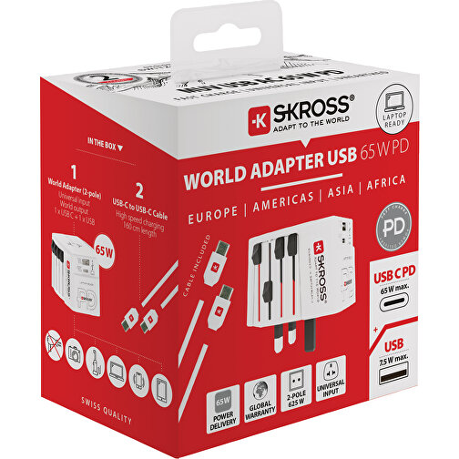 SKROSS World Travel Adapter MUV 65W PD Mit USB-C-Kabel, Weiß , weiß, PC, 6,30cm x 7,90cm x 5,40cm (Länge x Höhe x Breite), Bild 10