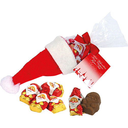 Nikolaus-Mütze , rot, Stoff, Staniol, Schokolade, Papier, Stoff, 22,00cm x 5,00cm x 7,00cm (Länge x Höhe x Breite), Bild 1