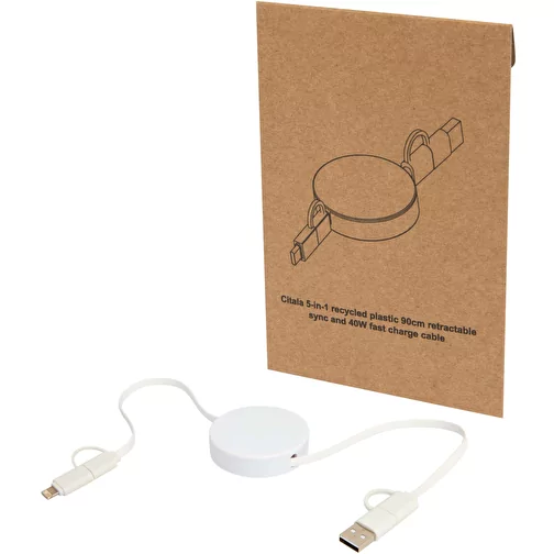 Câble rétractable 5 en 1 Citala en plastique recyclé de 90 cm pour la synchronisation des donné, Image 1